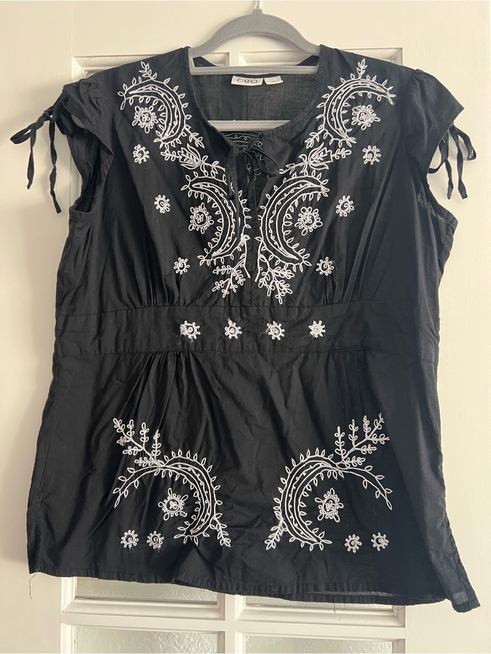 Cato Black Embroidered Tie-Sleeve Peasant Top